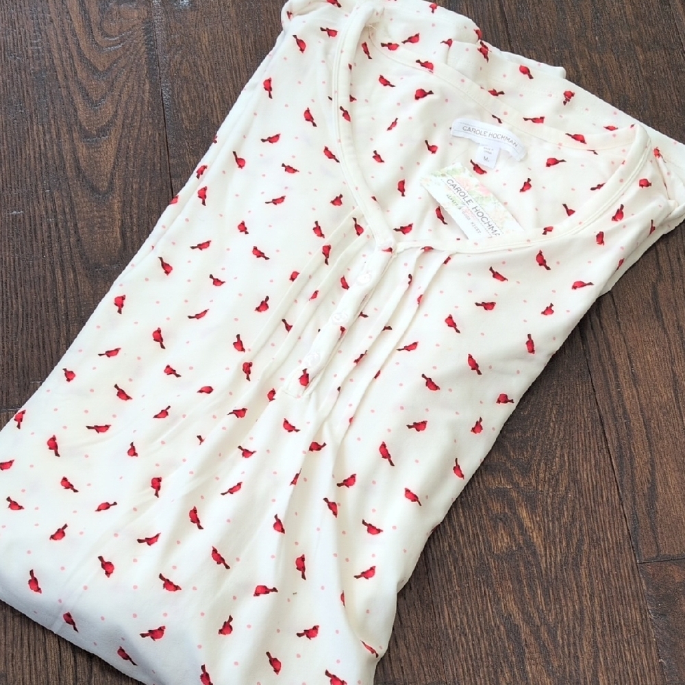 CAROLE HOCHMAN I NWT Brushed Ivory Long Sleeve Carinal Print Nightgown, M - Picture 3 of 11